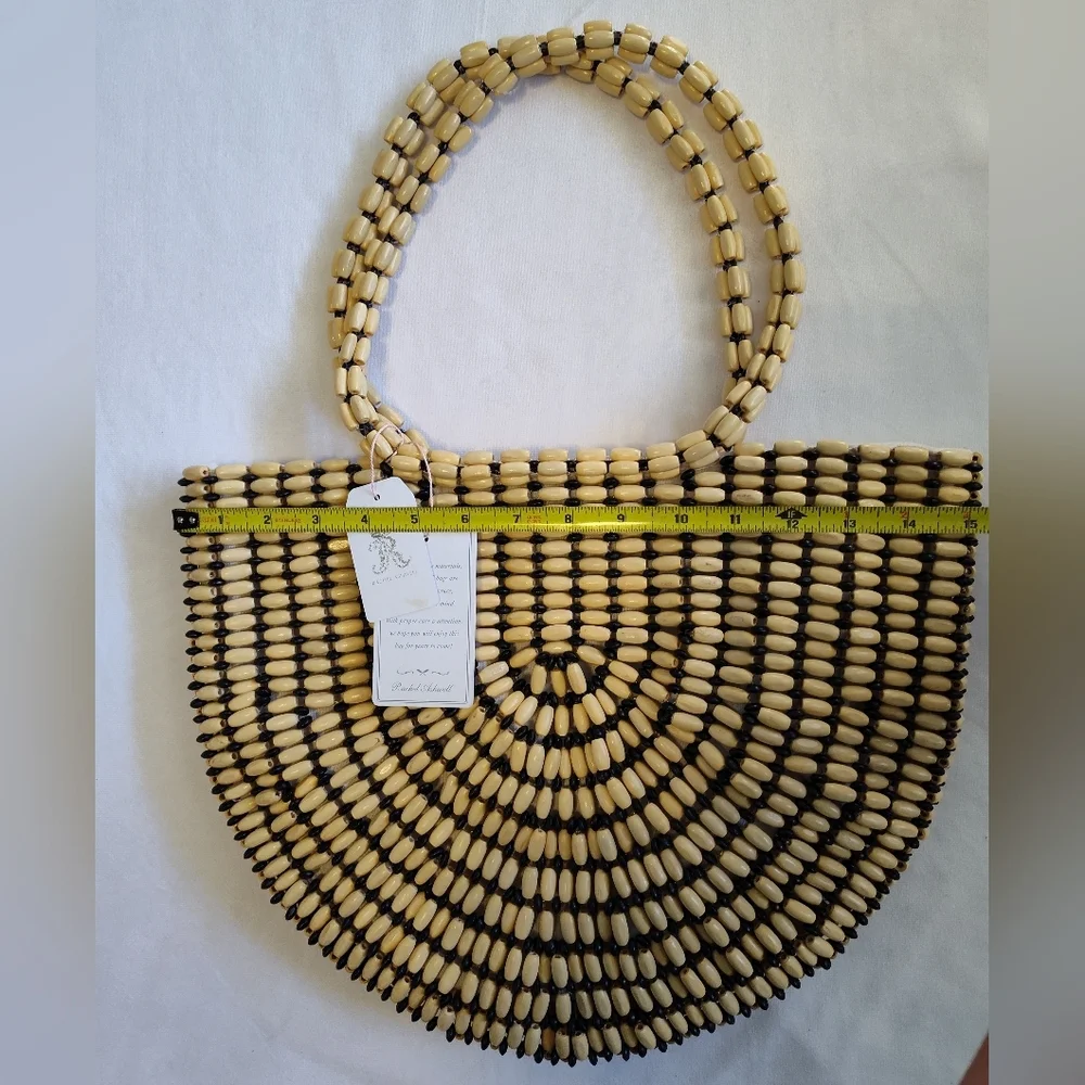 Rachel Ashwell NWT Beaded Wood Tote Bag Boho Resort Statement Handbag - Picture 9 of 9